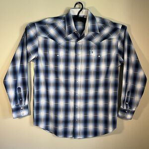 Stetson Western Shirt Mens XL Ombre Plaid Blue White 11-001-0478-0244 Pearl Snap